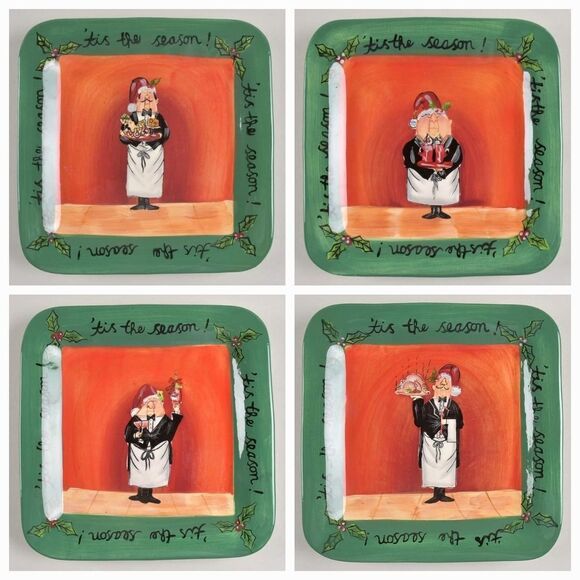 🩵Fat Chef Holiday Green "Tis the Season" Square Salad/Dessert Plates Set of 4 - Picture 1 of 13